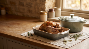 Leftover turkey carcass beside a stockpot with herbs, ready to become turkey bone broth