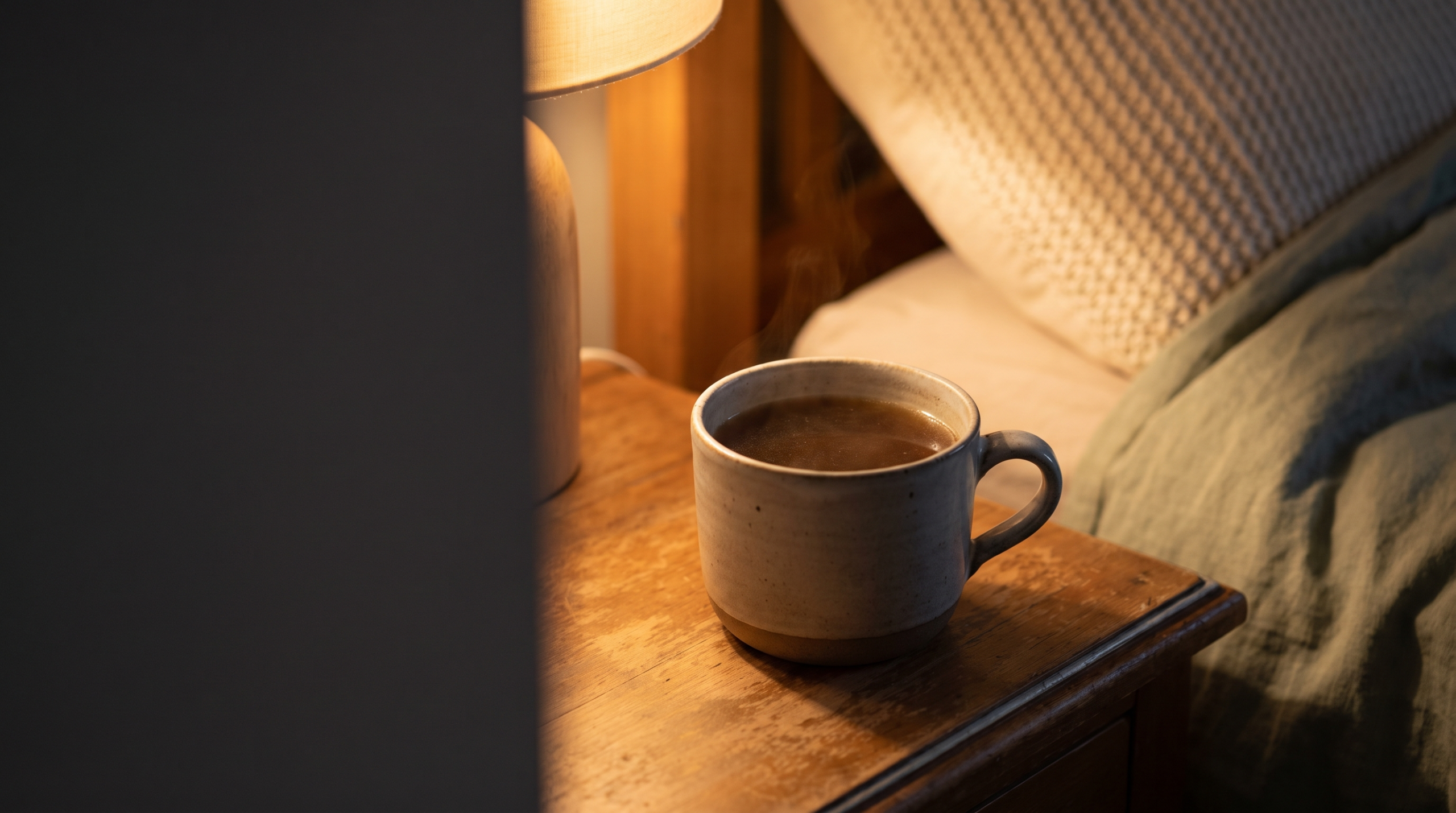 Mug of bone broth on a nightstand in warm evening lamp light